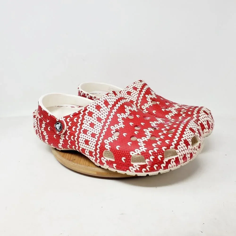 Crocs Holiday Clog Shoes Mens 12 Red White Knit‎ Ugly Christmas Sweater